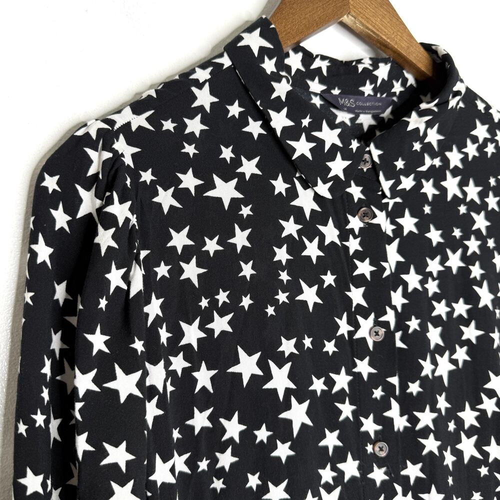 M&S Collection Dress Womens 10 Black Star Print Stars Midi Smocked 3/4 Sleeve